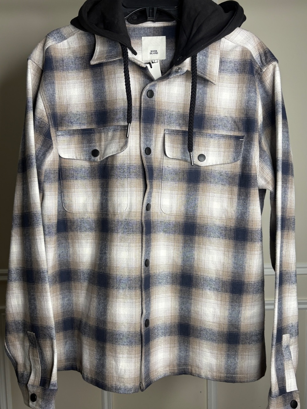 River Island Men's Blue & Cream Plaid Hooded Shirt Jacket